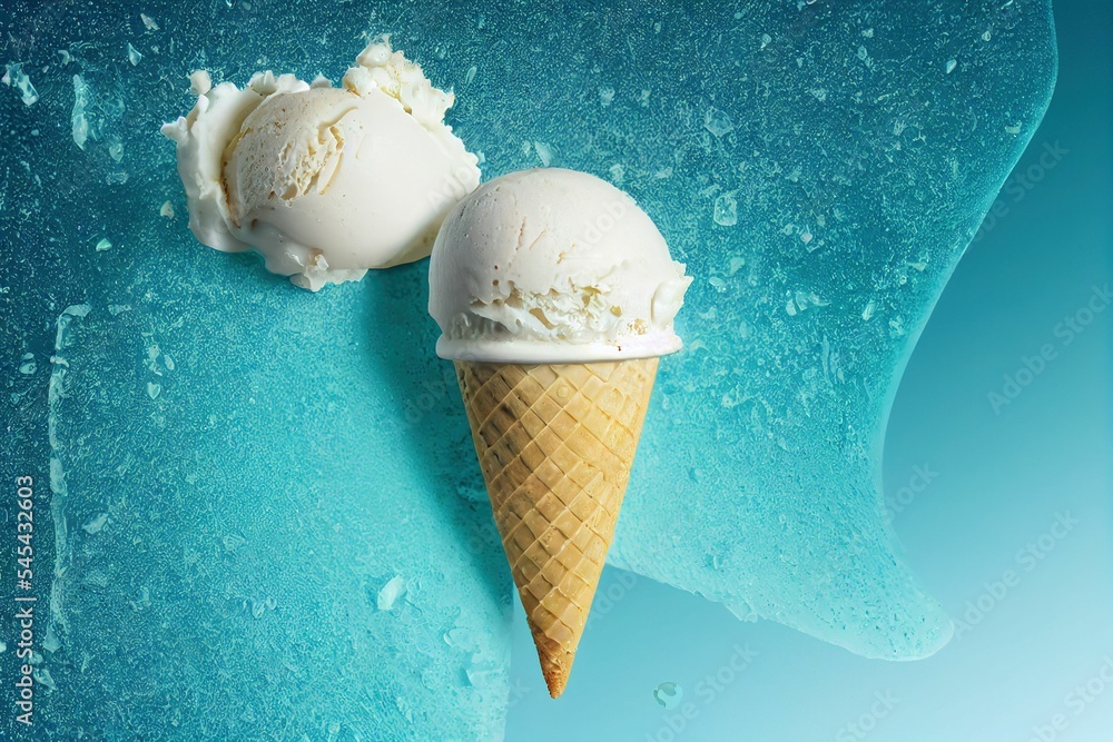 Poster digital 3d render of a vanilla ice cream cone on a frozen blue background with a fallen scoop