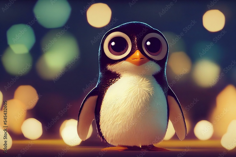 Poster digital 3d render of a cute adorable penguin with large eyes on a bokeh background