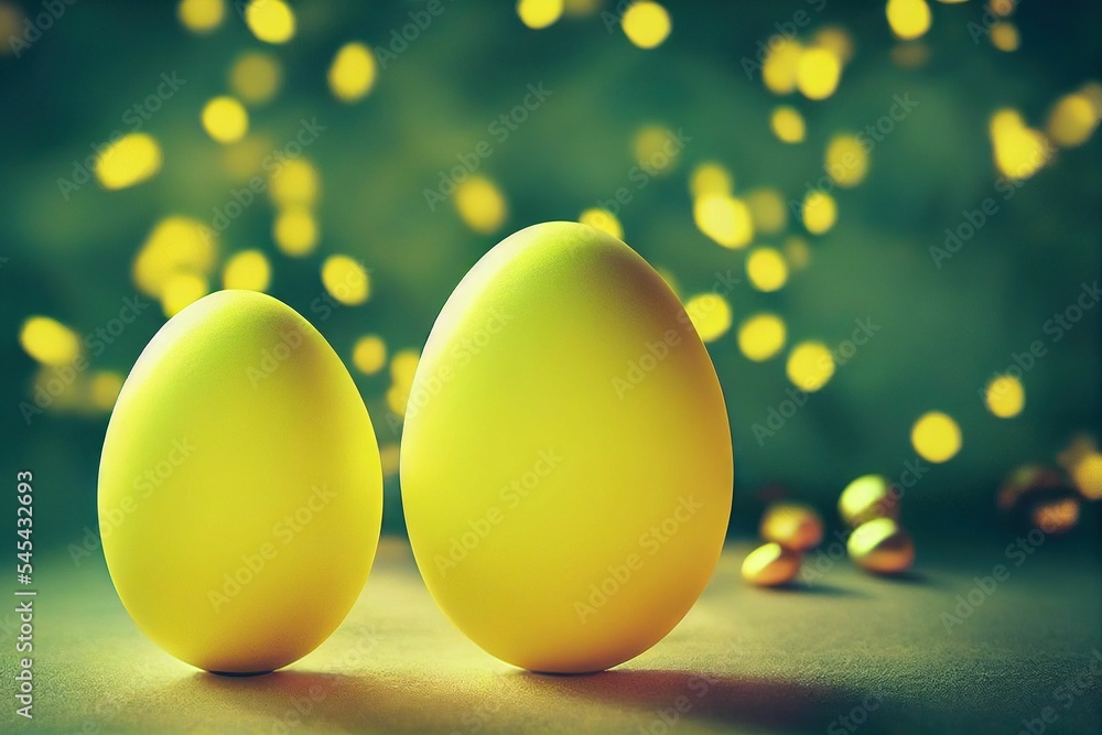 Poster digital 3d render of two yellow eggs on a bokeh background