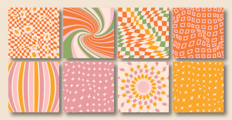 Fototapeta na wymiar Vector set of Groovy hippie 70s social media backgrounds. Checkerboard, chessboard, mesh, waves patterns. Twisted and distorted vector texture in trendy retro psychedelic style. Y2k aesthetic.