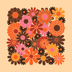 Hippie fun background. Retro flower power squared gift card template. Vintage 1970s floral poster. 1960s nostalgic groovy flat vector illustration.