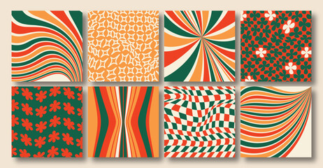Vector set of Groovy and hippie Christmas social media backgrounds. Checkerboard, chessboard, mesh, waves patterns. Twisted and distorted vector texture in trendy retro psychedelic Y2k  style. © Yanzar