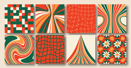 Vector set of Groovy and hippie Christmas social media backgrounds. Checkerboard, chessboard, mesh, waves patterns. Twisted and distorted vector texture in trendy retro psychedelic Y2k  style.