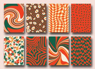 Vector set of Groovy hippie 70s Christmas backgrounds. Checkerboard, chessboard, mesh, waves patterns. Twisted and distorted vector texture in trendy retro psychedelic style. Y2k aesthetic.