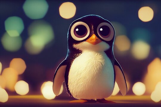 Digital 3D render of a cute adorable penguin with large eyes on a bokeh background
