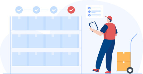 Warehouse workers check the inventory levels of items on the shelves. inventory management and stock control. vector illustration