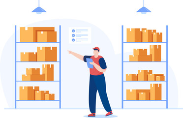 Warehouse workers check the inventory levels of items on the shelves. inventory management and stock control. vector illustration - obrazy, fototapety, plakaty