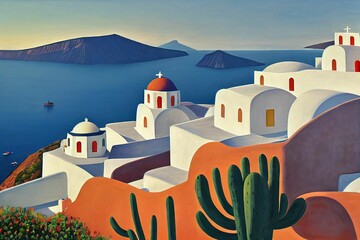 Digital illustration of a Santorini postcard design with buildings and the sea - obrazy, fototapety, plakaty