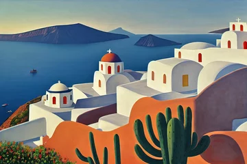 Poster Digital illustration of a Santorini postcard design with buildings and the sea © Frederic Mouniguet/Wirestock Creators