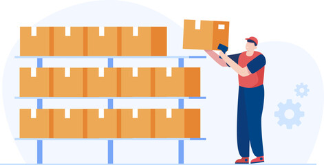 Warehouse Worker scanning parcel barcode and arranging boxes. Vector Illustration