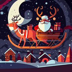 Vector illustration of the Santa Claus bringing presents on his reindeer sleigh