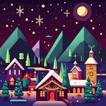 Vector illustration of a small village in the mountains at Christmas