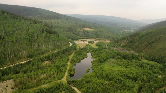 Gold mines near Dawson City in Yukon Territory, Canada. Aerial drone view
