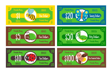 Printable cash money dollar with childish insect character currency banknote set vector flat