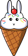 Cute kawaii cartoon character of a bunny ice cream on a cone on a white background