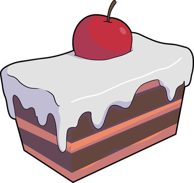 Cute kawaii cartoon square charry cake piece on a white background