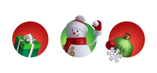 3d render, set of assorted round Christmas labels, festive clip art isolated on white background. Holiday stickers