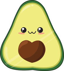 Cute kawaii cartoon character of a smiling avocado on a white background