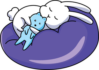 Cute kawaii cartoon character of a sleeping bunny holding a toy bear on a white background