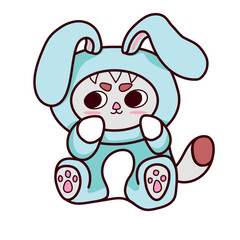 Cute kawaii cartoon character of a kitten wearing a bunny costume on a white background