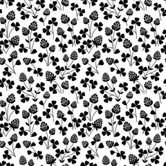 Fototapeta premium Monochrome clover seamless pattern. Wild meadow. Black-white floral design. Nature summer print.