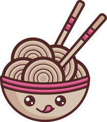 Cute kawaii cartoon character of a bow with noodles and chopsticks on a white background