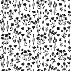 Daisy seamless pattern. Black chamomile design. Monochrome summer print. Simple graphic ornament.