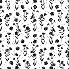 Chicory black pattern with dots. Spring botanical print. Floral seamless background. 