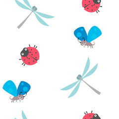 Garden insects, dragonfly, ladybug and fly. Seamless vector pattern