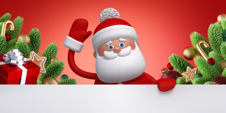 3d render. Funny Santa Claus toy looks at the camera, waving his hand, holds white page, festive ornaments and gift boxes over the red background. Christmas banner