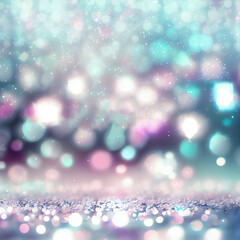 Christmas and winter holidays background with pastel bokeh lights and snow.
