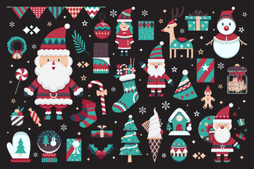 Vector set of cute Christmas icon collection design illustration on black background. Clipart collection asset with Santa Claus, Snowmen, Christmas trees. Xmas design vector set. Seamless Christmas