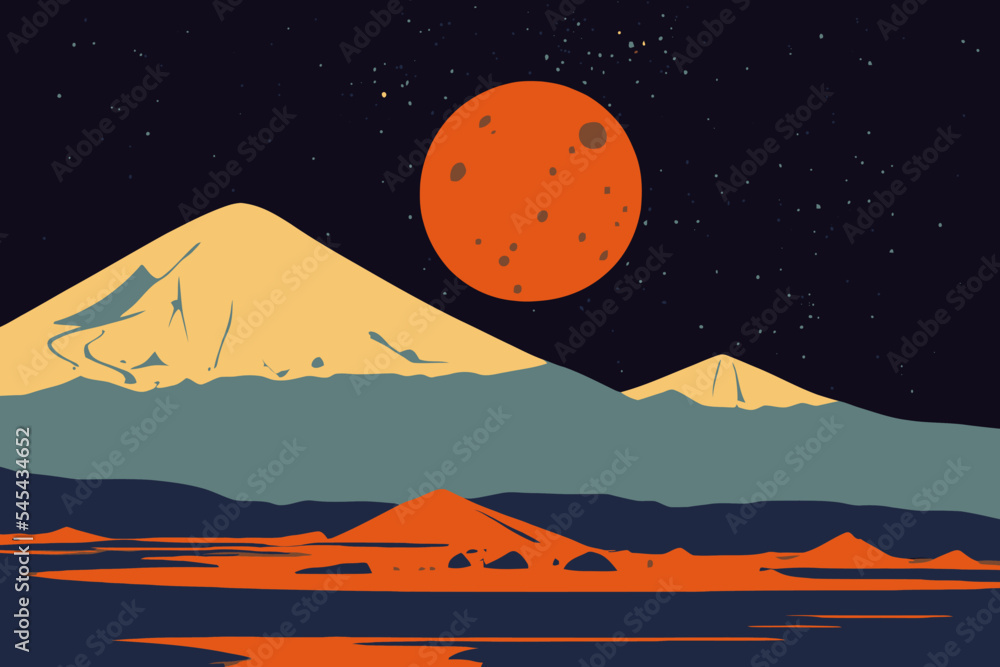 Poster editable illustration of mountains with the background of space with starry sky and a red planet