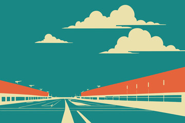 Editable illustration of the airport with pastel colors under a cloudy sky