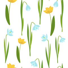 Fototapeta na wymiar Spring blue flowers, yellow tulips and snowdrops. seamless pattern