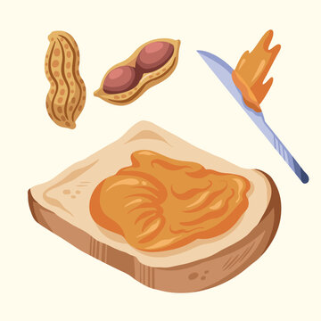 Bread with peanut butter on top, with whole and opened peanut and knife decoration. Peanut butter sandwich vector illustration with cartoon flat art style and color isolated on plain yellow background