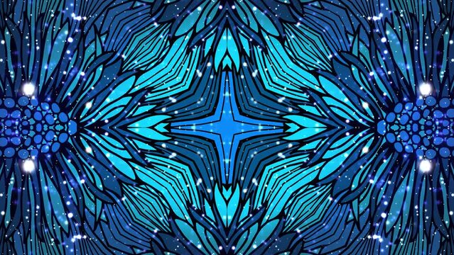 Christmas seamless loop blue background with snowflakes and flowers. Rotation animated backdrop for party. Kaleidoscopic futuristic looped endless footage. Merry Christmas! Vj loops. 4K