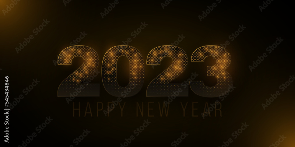 Poster abstract banner for new year 2023. golden glittering numbers with glowing halftone pattern. festive 