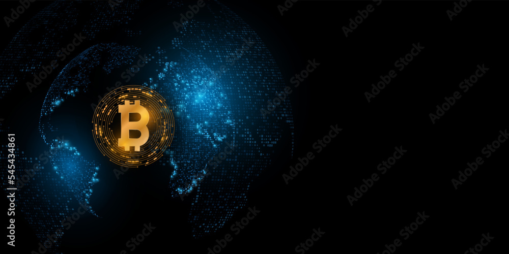 Aufkleber cryptocurrency concept. bitcoin with glowing futuristic planet earth and candlestick price pattern. 