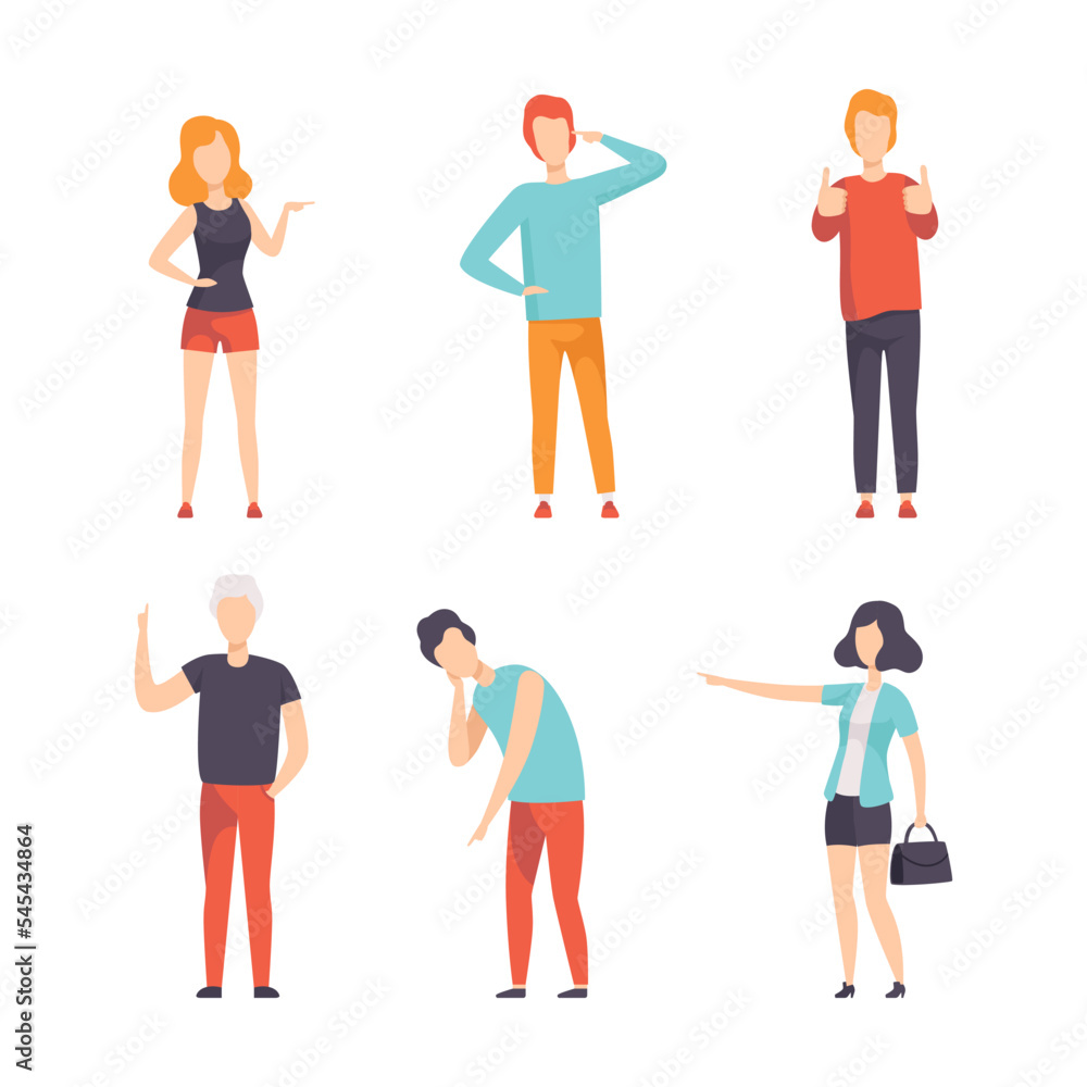 Poster people character indicating something pointing with index finger as hand gesture specifying directio