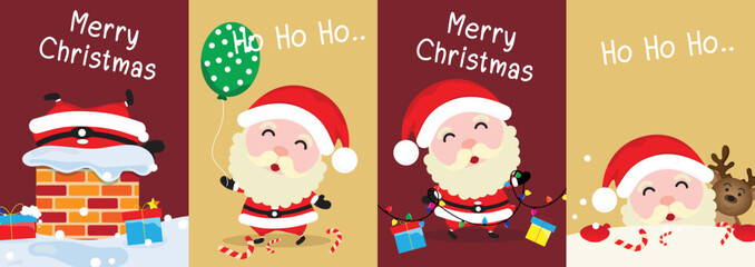 Merry Christmas and happy new year greeting card with cute Santa Claus collection. Holiday cartoon characters set. Vector Illustator.