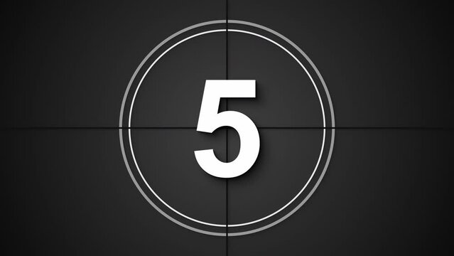 Film real time countdown leader in retro monochrome vintage style. Counting numbers from 10 to 0 seconds with numerals reverse. Loop motion graphic