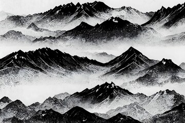 Greyscale illustration of a beautiful landscape with valleys and mountains - obrazy, fototapety, plakaty