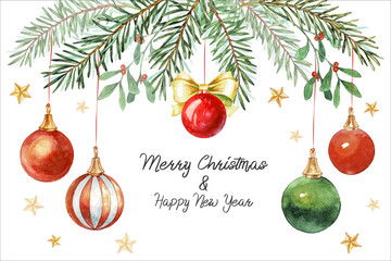 Christmas card. Watercolor painting. Hand lettering. Green pine, fir twigs, christmas balls, red berries, snowflakes. Vector illustration. Nature design. Greeting card, poster template. Xmas holidays