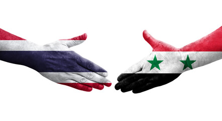 Handshake between Syria and Thailand flags painted on hands, isolated transparent image.