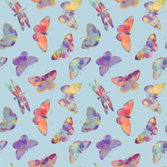 Fototapeta na wymiar abstract watercolor background of butterflies, seamless pattern for design, print, wallpapers, invitations and wrapping paper. bright butterflies
