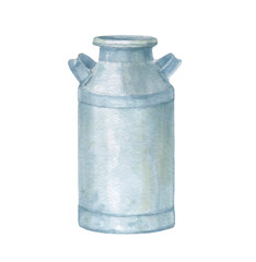 milk can painted in watercolor. can container for milk isolated on white background. watercolor illustration.