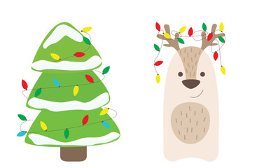 Fototapeta premium Christmas simple vector. Green Christmasr tree with snow and garland and Christmas deer