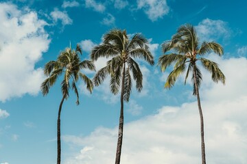 View of growing palm trees in background of blue sky