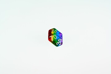 A D10 percentile rainbow die showing the concept of LGBTQ representation in tabletop RPG gaming